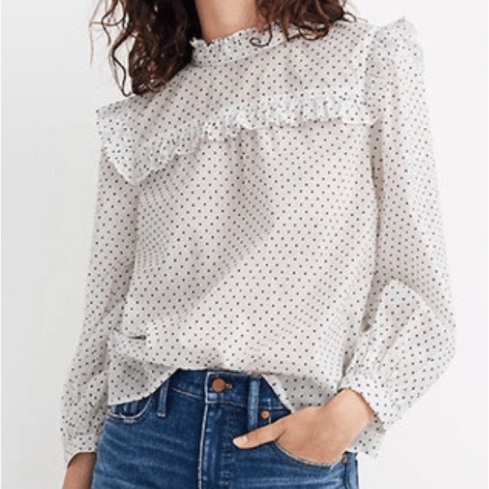 Madewell White Black Polka Dot Ruffle Mockneck Blouse